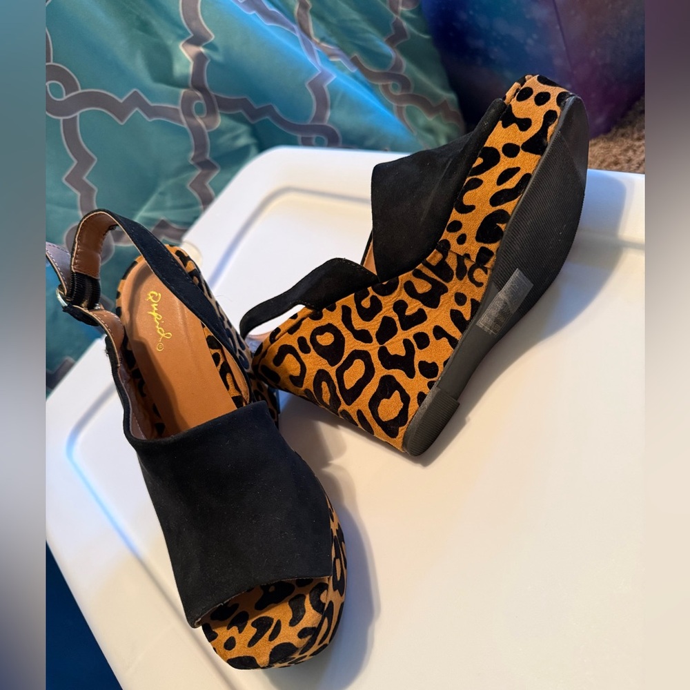 Leopard Print Wedge Sandals with Black Suede Straps